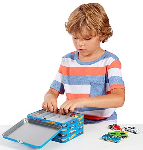 Theo Klein 2883 Maletín de Hot Wheels, De metal de alta calidad, Con compartimentos para hasta 18 coches, a partir de 3 años, 21 cm x 15,5 cm x 8,5 cm