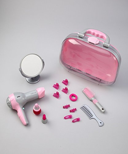Theo Klein 5855 Maletín de peluquería con secador Braun, Con espejo, peine y muchos accesorios de estilismo, Maletín robusto con secador a pilas, a partir de 3 años, 27,5 cm x 11 cm x 22,2 cm