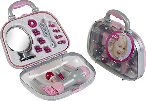 Theo Klein 5855 Maletín de peluquería con secador Braun, Con espejo, peine y muchos accesorios de estilismo, Maletín robusto con secador a pilas, a partir de 3 años, 27,5 cm x 11 cm x 22,2 cm