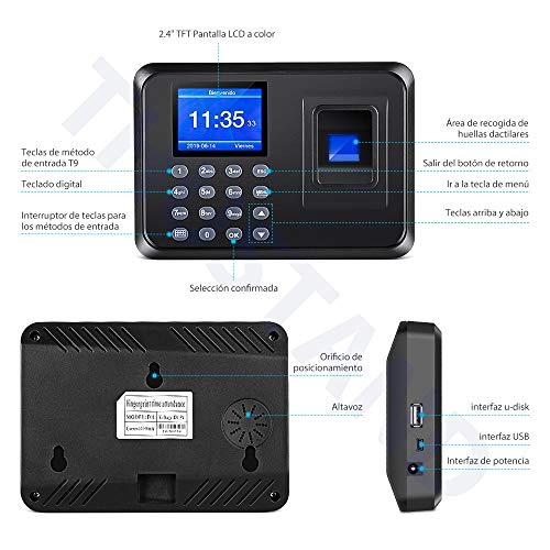 Thustand 2.4" TFT USB Máquina de Asistencia Biométrica de Huella Dactilar con 8G Memoria Flash, Registrador de Cheques del Empleado, LCD Pantalla, Sistema Española