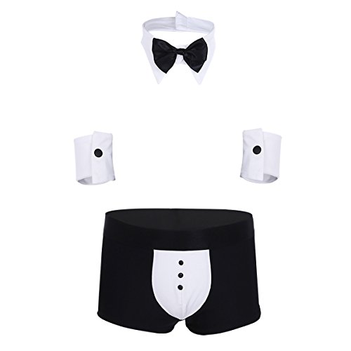 TiaoBug 3Pcs Conjunto Erótico de Ropa Interior para Hombres Esmoquin Atractiva Disfraz Traje de Mayordomo Caballero Blanco Negro con Bóxer+Corbata+Brazaletes Negro&Blanco M
