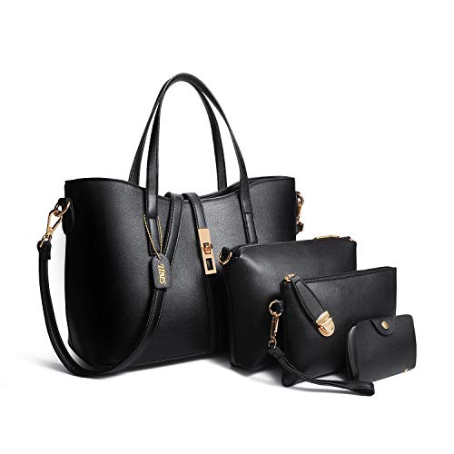 TIBES Bolso de cuero de la PU de la PU de las mujeres de la manera + bolso de hombro + monedero + sostenedor determinado de la tarjeta 4pcs Negro