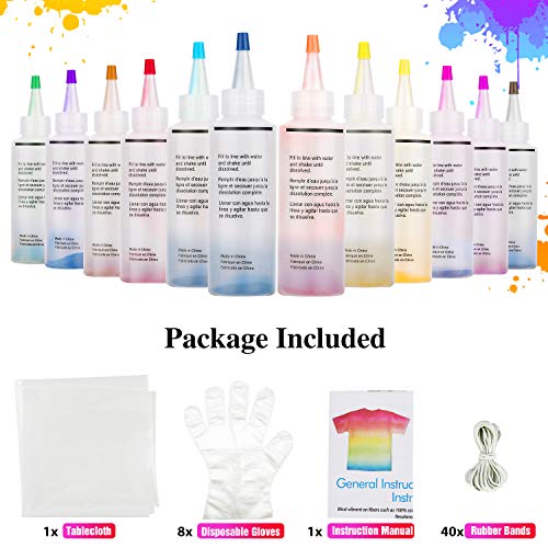 Tie Dye Kit, Funxim 12 colores One Step Tie Dye Kit, camisa tela tinte con bandas de goma, guantes, manteles para familia amigos verano fiesta suministros