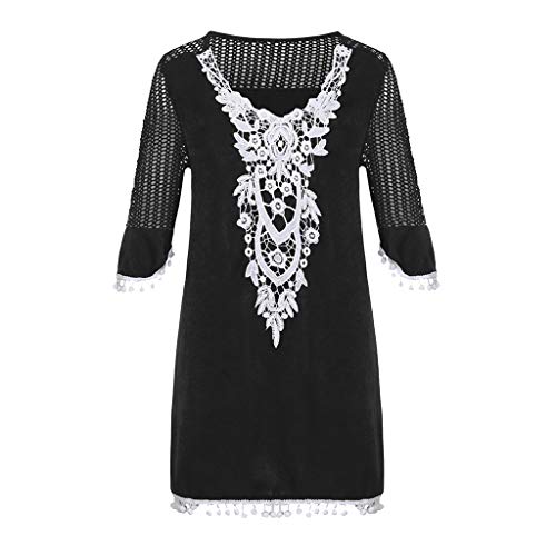 TIFIY Verano Pareo Playa Mujer Tallas Grandes Manga 3/4 Algodón Pareos Playa Manto Protector Solar Larga Vestido Traje De Baño Bikini Cubierta Cuello V Ropa de Playa(Negro,XXL)