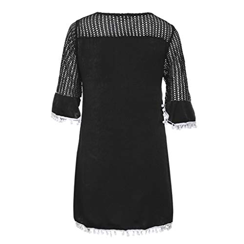 TIFIY Verano Pareo Playa Mujer Tallas Grandes Manga 3/4 Algodón Pareos Playa Manto Protector Solar Larga Vestido Traje De Baño Bikini Cubierta Cuello V Ropa de Playa(Negro,XXL)