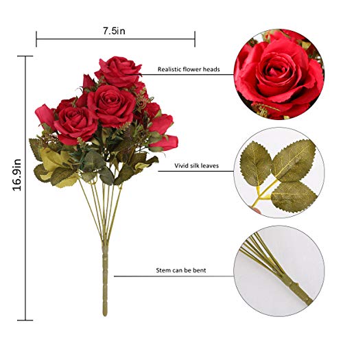 Tifuly Rosas Artificiales, 2 Ramos 12 Flores de Seda Cabezas de Flores Falsos capullos de Rosas para el hogar Oficina Hotel Decoración de la Boda, Arreglo Floral, Centros de Mesa(Rojo)
