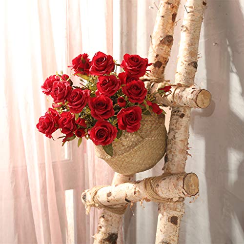 Tifuly Rosas Artificiales, 2 Ramos 12 Flores de Seda Cabezas de Flores Falsos capullos de Rosas para el hogar Oficina Hotel Decoración de la Boda, Arreglo Floral, Centros de Mesa(Rojo)