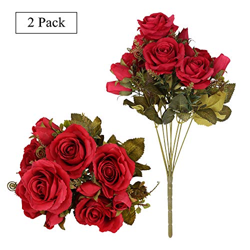 Tifuly Rosas Artificiales, 2 Ramos 12 Flores de Seda Cabezas de Flores Falsos capullos de Rosas para el hogar Oficina Hotel Decoración de la Boda, Arreglo Floral, Centros de Mesa(Rojo)