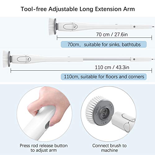 Tilswall Cepillo Limpieza Eléctrico 300 RPM,Spin Scrubber 4000 mAh,70-110CM Extensible,Ajustable 0-80 °,4 Cabezales Diferentes para Bañera,Azulejo,Piso, Pared de Baño y Cocina