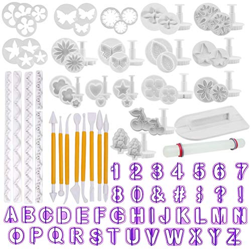 TIMESETL 108Pcs Herramientas de decoración de Pasteles Conjunto de moldes de Caracteres alfanuméricos de Flor de Rosa para Fondant, azúcar de Almendra, Galletas de almíbar, Chocolate