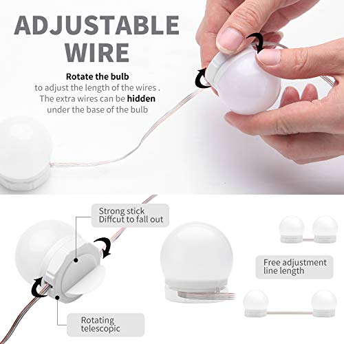 Timker Luces LED Kit de Espejo con 10 Bombillas regulables 3 Modos Ajustable de Color de Luz USB Luz Espejo Maquillaje,Tocador,Espejo,Baño,Regalo 3000K-6500K - Nueva actualización