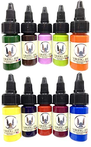 Tinta para tatuaje - KIT 10 COLORS 0.5oz (15ml) - VIKING INK USA - Los mejores colores y negros en tintas para tatuaje del mercado - VEGANAS