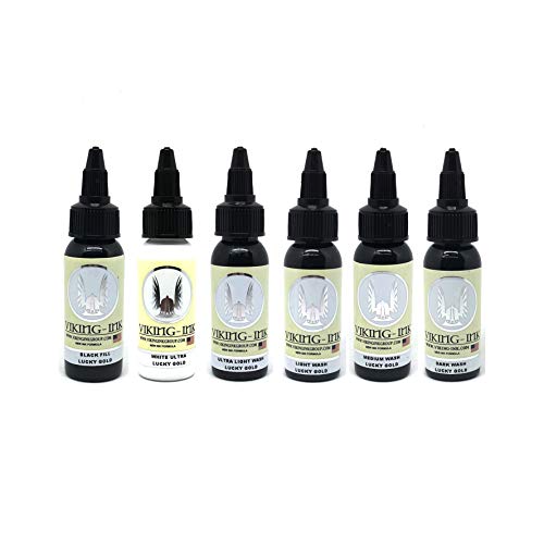 Tinta para tatuaje - KIT LUCKY GOLD 1oz (30ml) 6 Units- VIKING INK USA - Los mejores colores y negros en tintas para tatuaje del mercado - VEGANAS
