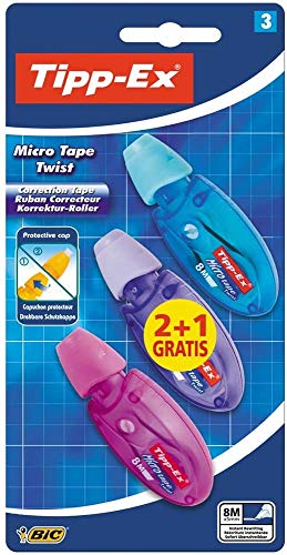 Tipp-Ex Micro Tape Twist Cinta Correctora 8 m x 5 mm – colores Surtidos, Blíster de 2+1 unidades