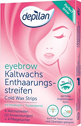 Tiras de cera para cejas, depilan eyebrow Cold Wax Strips, 1 paquete (12 aplicaciones + 4 toallitas de cuidado)
