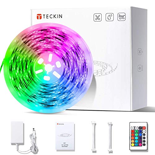 Tiras LED 5M,TECKIN Impermeable decoracion de luces con Control Remoto, 4 Modos de Brillo y 16 Colores RGB 150 LED multicolor 5050 iluminación para casa, fiestas, bares.eficiencia energética.