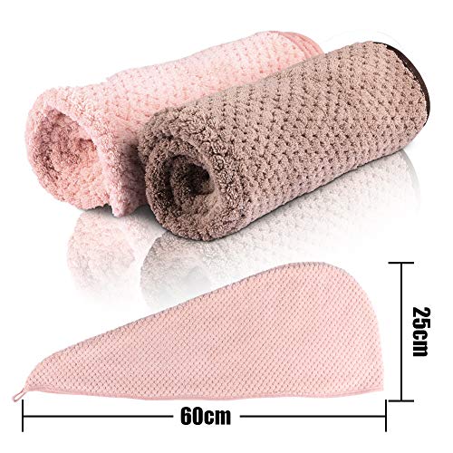 Toallas de Baño, 2 pcs Turbante del Abrigo de Pelo Secado Rápido de Microfibra Suave Absorbentes de Agua Pelo Seco Capucha Bañera Ducha Toalla Turbante con Botón (Marrón & Rosado)