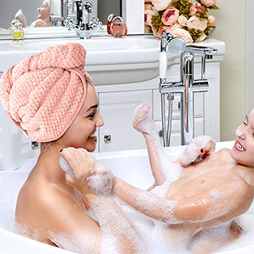 Toallas de Baño, 2 pcs Turbante del Abrigo de Pelo Secado Rápido de Microfibra Suave Absorbentes de Agua Pelo Seco Capucha Bañera Ducha Toalla Turbante con Botón (Marrón & Rosado)