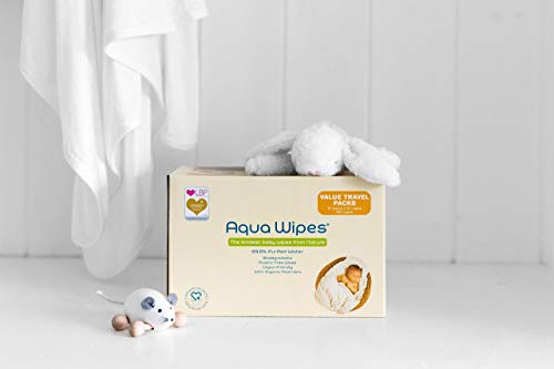 Toallitas húmedas Aqua Wipes, (12 x 12 toallitas de viaje (144 toallitas)), AQW12F, Veganas, Biodegradables, sin plástico, 99.6% de Agua Purificada, NHS APROBADO, Toallitas para bebé Aqua Wipes