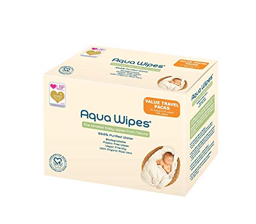 Toallitas húmedas Aqua Wipes, (12 x 12 toallitas de viaje (144 toallitas)), AQW12F, Veganas, Biodegradables, sin plástico, 99.6% de Agua Purificada, NHS APROBADO, Toallitas para bebé Aqua Wipes