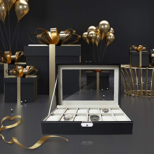 Todeco - Caja de Relojes, Caja de Almacenamiento de Relojes y Pulseras - Tamaño: 30 x 20 x 8 cm - Material de la Caja: MDF - 12 Relojes y Pantalla, Negro/Beige