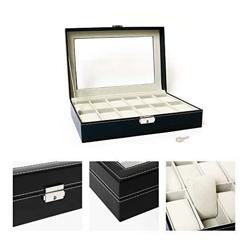Todeco - Caja de Relojes, Caja de Almacenamiento de Relojes y Pulseras - Tamaño: 30 x 20 x 8 cm - Material de la Caja: MDF - 12 Relojes y Pantalla, Negro/Beige