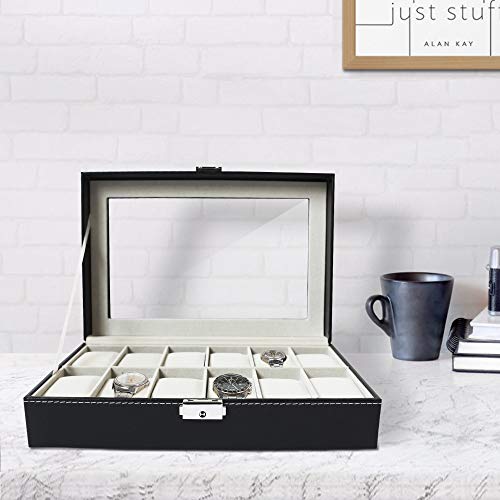 Todeco - Caja de Relojes, Caja de Almacenamiento de Relojes y Pulseras - Tamaño: 30 x 20 x 8 cm - Material de la Caja: MDF - 12 Relojes y Pantalla, Negro/Beige