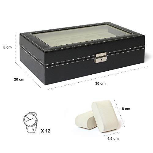 Todeco - Caja de Relojes, Caja de Almacenamiento de Relojes y Pulseras - Tamaño: 30 x 20 x 8 cm - Material de la Caja: MDF - 12 Relojes y Pantalla, Negro/Beige