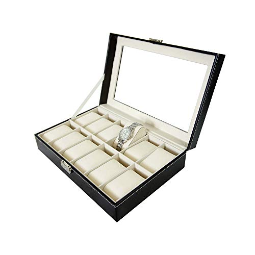 Todeco - Caja de Relojes, Caja de Almacenamiento de Relojes y Pulseras - Tamaño: 30 x 20 x 8 cm - Material de la Caja: MDF - 12 Relojes y Pantalla, Negro/Beige