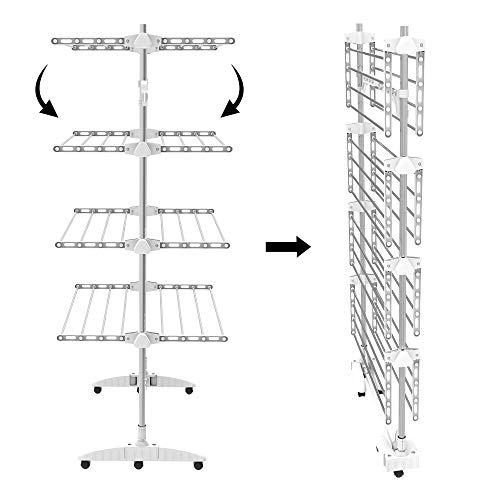 Todeco - Estante para Secado de Ropa, Tendedero - Material: Tubos de acero inoxidable - Carga máxima: 3 kg por barra de soporte - 4 estantes, Blanco, con alas