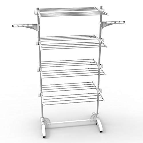 Todeco - Estante para Secado de Ropa, Tendedero - Material: Tubos de acero inoxidable - Carga máxima: 3 kg por barra de soporte - 4 estantes, Blanco, con alas