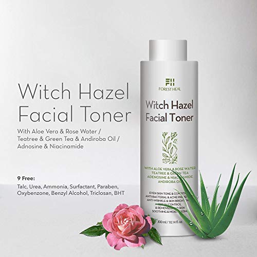 Tónico Facial Natural de Hamamelis, Sin Alcohol, con Aloe Vera, Agua de Rosas, Té Verde, Tónico y Humectante Facial Natural Sin Perfume Forest Heal, Tónico para la Piel de 10,14 oz / 300 ml