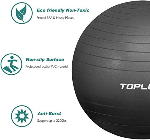 TOPLUS Pelota de Gimnasia Anti-Reventones Bola de Yoga Pilates y Ejercicio Balón para Sentarse Balon de Ejercicio para Fitness 300 kg con Bomba de Aire 65cm (Negro)