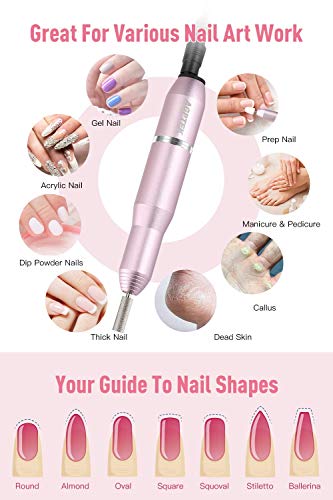 Torno para Uñas, AGPTEK Portátil Kit de Lima de Uñas Eléctrica con 11 Cabezas de Pulido y 12 Anillos de Arena, Vlocidad Ajustable, para Manicuras Personales, Rosa