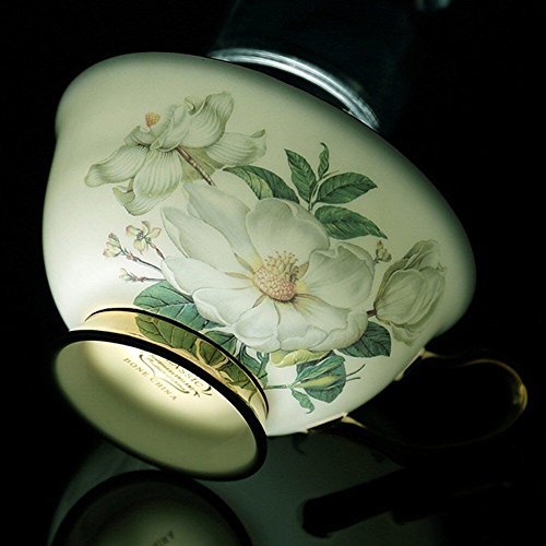 TouchLife Juego de tazas de té de porcelana fina, con platillo y cuchara, con motivo de camelias de color blanco y verde en caja de regalo, Porcelana de ceniza de hueso, 1 set, Set of 1 with gift box