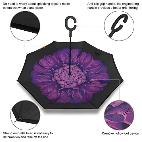 TRADE® Reverso Paraguas Invertido Manual Abierto Margaritas púrpuras Capa Doble Independiente Manos Libres Impermeable Anti-Ultravioleta Reverso Paraguas Plegable con 8 Costillas de Fibra