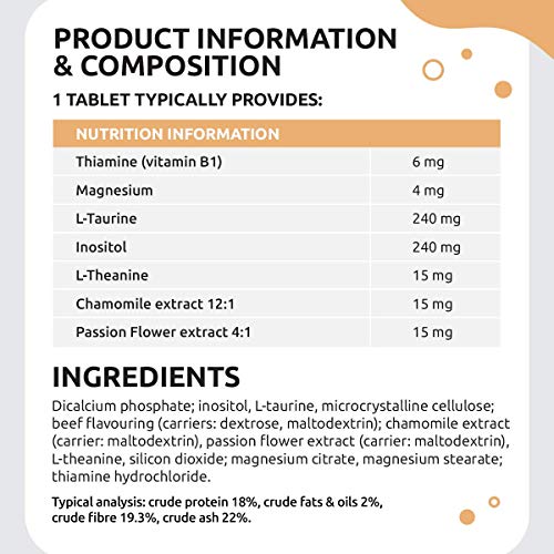 Tranquilizante canino de Bongo’s Best – Compuesto de taurina | Suplemento natural relajante para perros | Alivia la ansiedad por separación, estrés, viaje, náusea por movimiento y nerviosismo