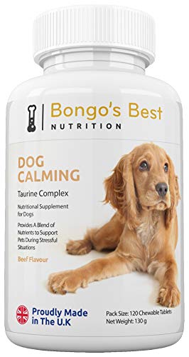 Tranquilizante canino de Bongo’s Best – Compuesto de taurina | Suplemento natural relajante para perros | Alivia la ansiedad por separación, estrés, viaje, náusea por movimiento y nerviosismo