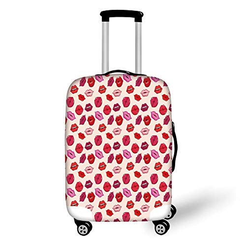Travel Luggage Cover Suitcase Protector,Kiss,Vivid Colored Sexy Lips Glamour Fashion Cosmetics Make Up Theme Girls Pattern Decorative,Pink Red Rose Peach，for Travel,S