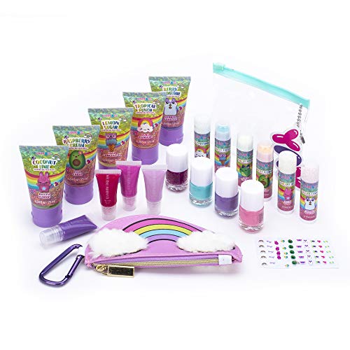 Tri-Coastal Design - Juego de Baño de Cosméticos Rainbow Cuties para Niñas con Kit de Uñas, Bálsamo Labial, Máscaras Faciales y Bolsa de Brillo para Labios (Rainbow Cuties)