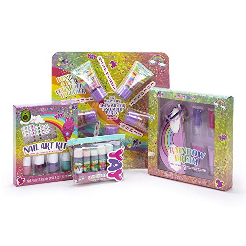 Tri-Coastal Design - Juego de Baño de Cosméticos Rainbow Cuties para Niñas con Kit de Uñas, Bálsamo Labial, Máscaras Faciales y Bolsa de Brillo para Labios (Rainbow Cuties)