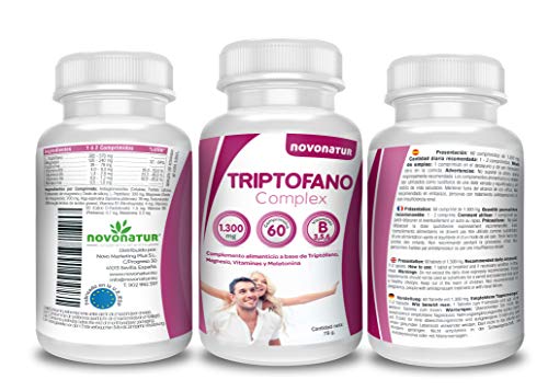 Triptofano con magnesio y vitamina b6, mas melatonina, espirulina, vitamina B3 y B5, 60 comprimidos de 1.300 mg. Antiestres natural, contra la ansiedad natural, propulsor de serotonina natural