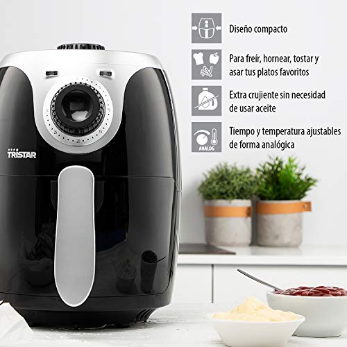 Tristar FR-6980 Freidora Crispy Mini - Freidora sin aceite de diseño compacto, Volumen: 2 L, 1000 W, panel de control analógico con dial giratorio para tiempo y temperatura