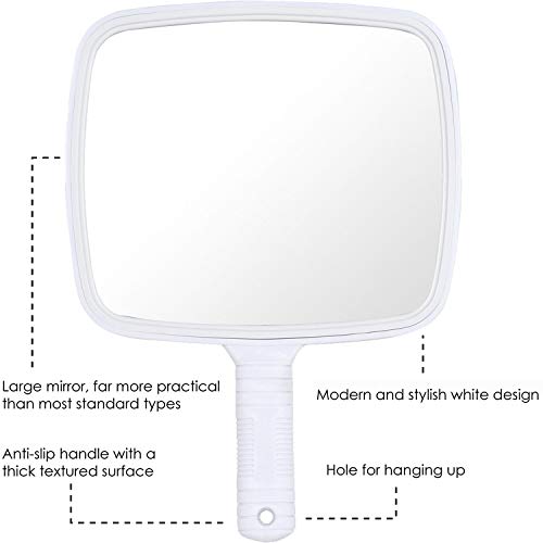 TRIXES Espejo con Mango Profesional del Salón Barberos Peluqueros Maquillaje Afeitar Peluquería - Espejo de Mano Grande - Agarre Fácil - Blanco - Rectangular