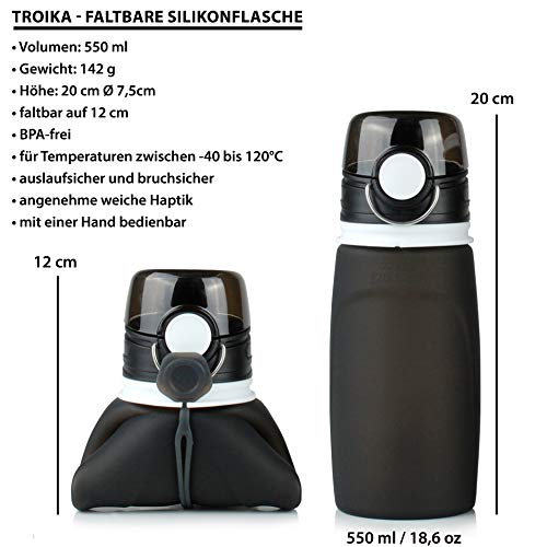 TROIKA - Botella de Silicona Plegable - Capacidad: 550 ml / 18,6 oz - Enrollable y a Prueba de Fugas - para Deporte. para Uso en Exteriores. Escuela y Camping, sin BPA, Silicona médica, Color Negro
