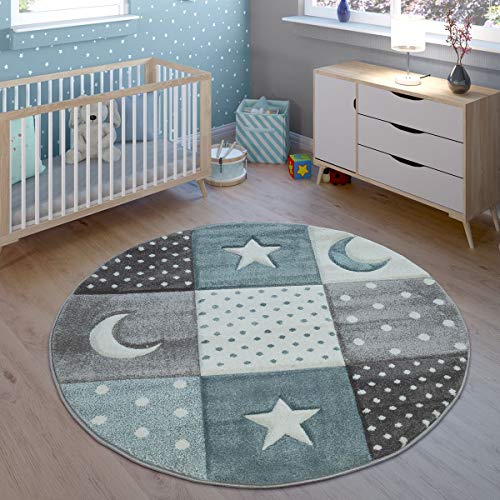 TT Home Alfombra Infantil Juego Cuadros Estrellas Luna Pastel Turquesa Blanco Gris, Größe:Ø 120 cm Redondo