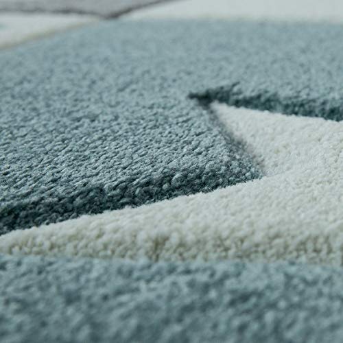 TT Home Alfombra Infantil Juego Cuadros Estrellas Luna Pastel Turquesa Blanco Gris, Größe:Ø 120 cm Redondo