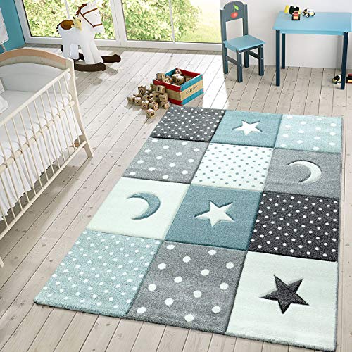 TT Home Alfombra Infantil Juego Cuadros Estrellas Luna Pastel Turquesa Blanco Gris, Größe:Ø 120 cm Redondo
