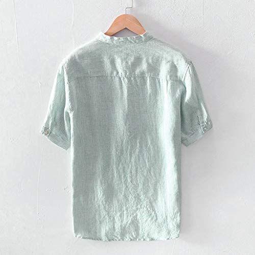TUDUZ Camisetas Hombre Manga Corta Camisas de Algodón y Lino a Rayas Botón con Bolsillo Superior Top Ropa de Cuello V (Verde L)