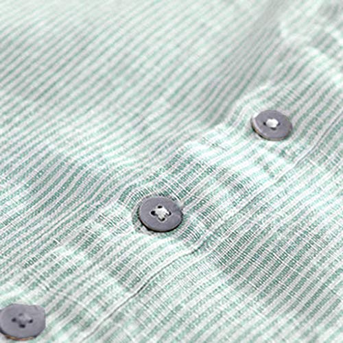 TUDUZ Camisetas Hombre Manga Corta Camisas de Algodón y Lino a Rayas Botón con Bolsillo Superior Top Ropa de Cuello V (Verde L)